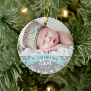 Första julen Aqua Blå Baby Pojke Foto Julgransprydnad Keramik