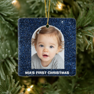 Första julen baby foto blå glitter ornament
