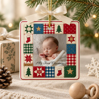 Första julen baby foto lapptäcke keramik julgransprydnad keramik
