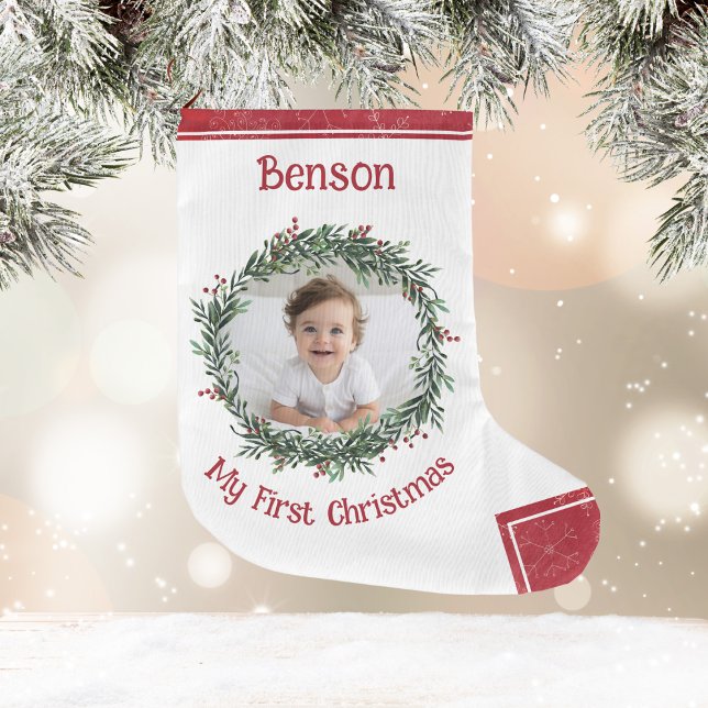 Första julen Baby Fotto med Namn Stor Julstrumpa (Baby's First Christmas, Photo, Name, Red, White Large Christmas Stocking)