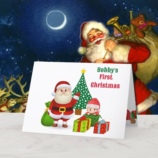 Första julen Baby som personalize Namn Santa Cute Helgkort (Skapare uppladdad)