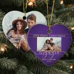 Första julen Engagerad Lila & Guld Photo Heart Julgransprydnad Keramik<br><div class="desc">Fira den glatta första helgdag i förlovningen med en anpassningsbar fotohjärtsformad keramisk prydnadsprodukt "Vår första julhelg". Alla formuleringar i den här mallen är enkla att anpassa. Anpassa skripttypografin för att läsa "Tillsammans" "Gift" eller annan text. (IMAGE PLACEMENT TIP: Ett enkelt sätt att placera ett foto exakt på vilket sätt du...</div>