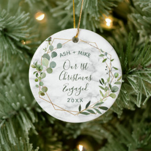 Första julen Engagerade Guld Marble Greenery Photo Julgransprydnad Keramik