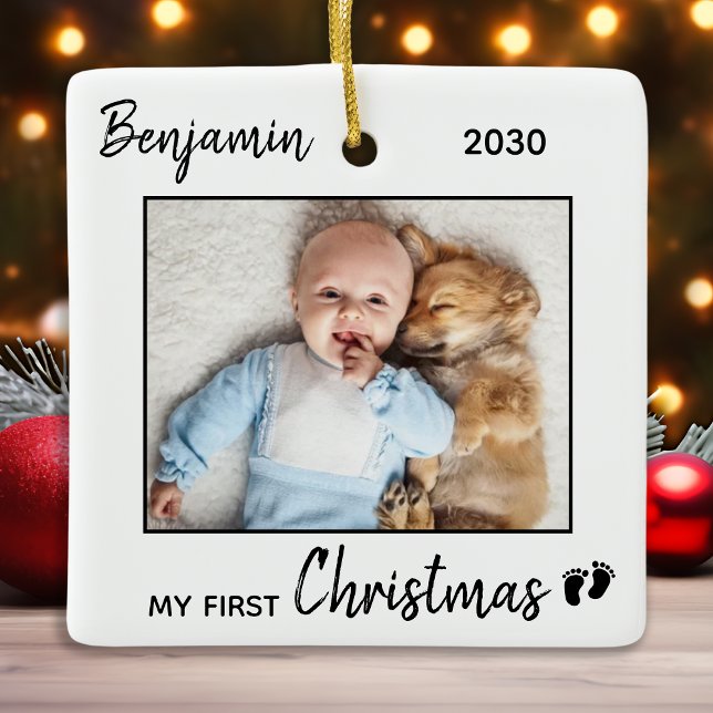 Första Julen - enkelt anpassat Cute Baby-foto Julgransprydnad Keramik (Skapare uppladdad)