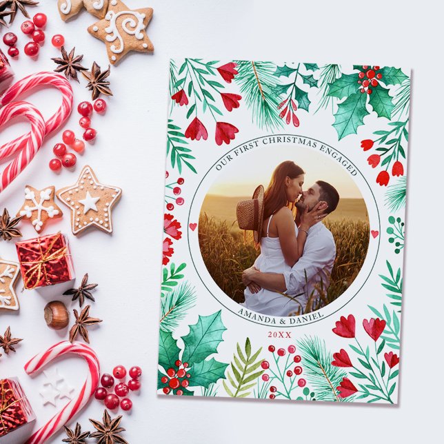 Första julen - Enkelt fotopatfärg (Our First Christmas Engaged Watercolor Foliage Holiday Card)