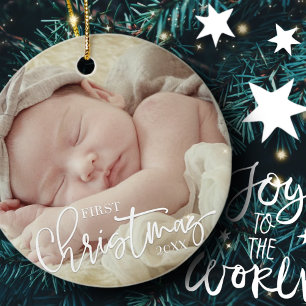 Första Julen - enkelt skript, Baby-foto med Anpass Julgransprydnad Keramik