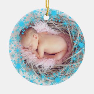 Första julen Flicka Snowflake Ram Photo Julgransprydnad Keramik
