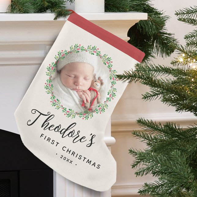 Första julen Foto Krans Namn Minnessaker Liten Julstrumpa (Baby's First Christmas Photo Wreath Name Small Christmas Stocking)