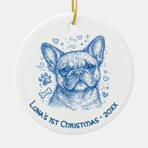 Första julen fransk Bulldog blå linjärt teckning Julgransprydnad Keramik