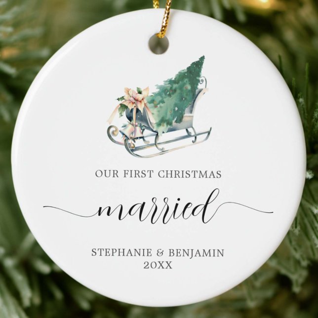 Första julen, Gift Bröllop Sleigh Träd Luxury Julgransprydnad Keramik (our first christmas married newlyweds couple keepsake ornament wedding winter sleigh tree luxury)