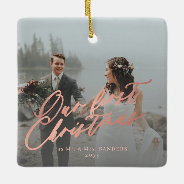 Första julen gift Mr. och Mrs. 2-foto Julgransprydnad Keramik (Framsida)