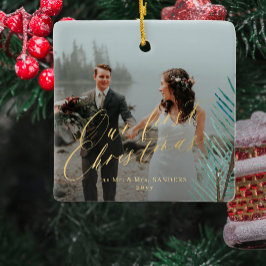 Första julen gift Mr. och Mrs. 2-foto Julgransprydnad Keramik