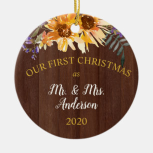 Första julen Gift Rustic Solros på Wood Julgransprydnad Keramik