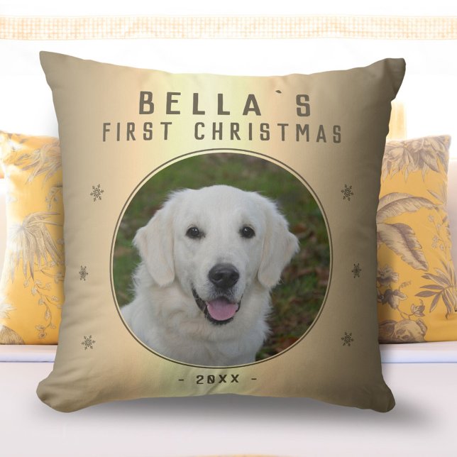 Första julen Golden Snowflake Puppy Photo Kudde (Skapare uppladdad)