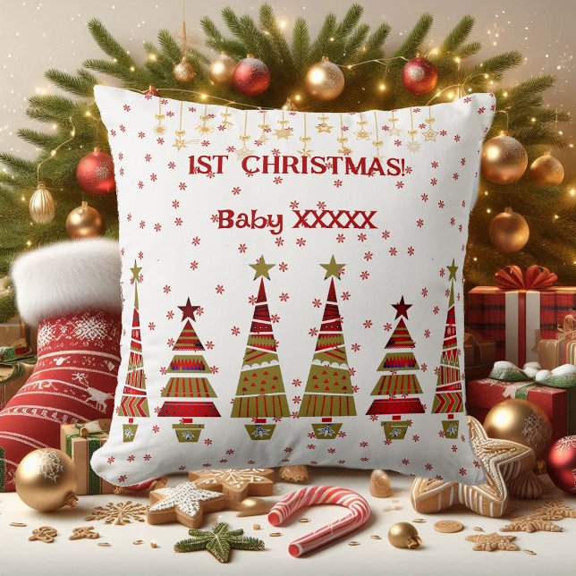 Första julen Guld Ornamet Träd Snöflingor Baby Kudde (1st Christmas Gold Ornament Tree Snowflakes Baby Throw Pillow)