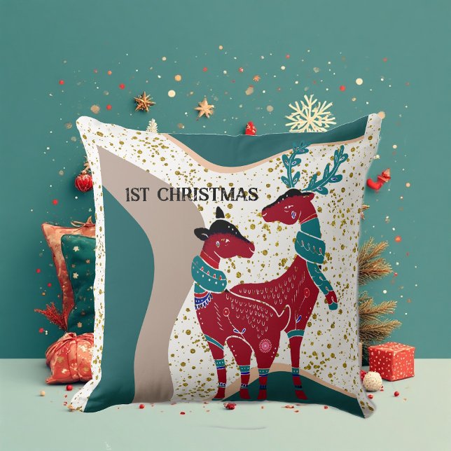 Första julen, Hjort par Nordiska Snö Hail Boho Kudde (1st Christmas Deer Couple Nordic Snow Hail Boho Throw Pillow)