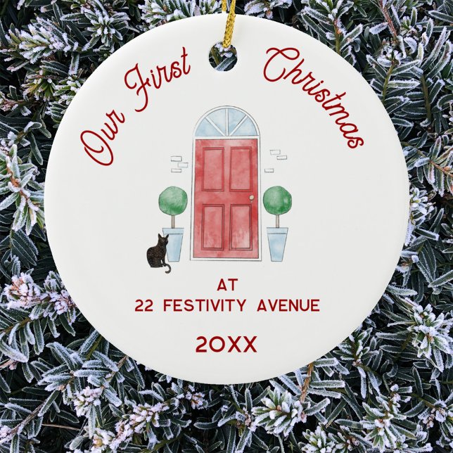 Första julen i den nya hemmabruk för vattenfärgsdö julgransprydnad keramik (Personalized first Christmas in new home front door black cat address and year ornament)