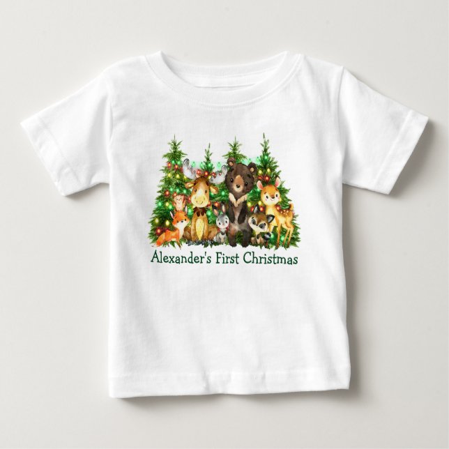 Första julen i Ljus Woodland Forest Animals T Shirt (Framsida)