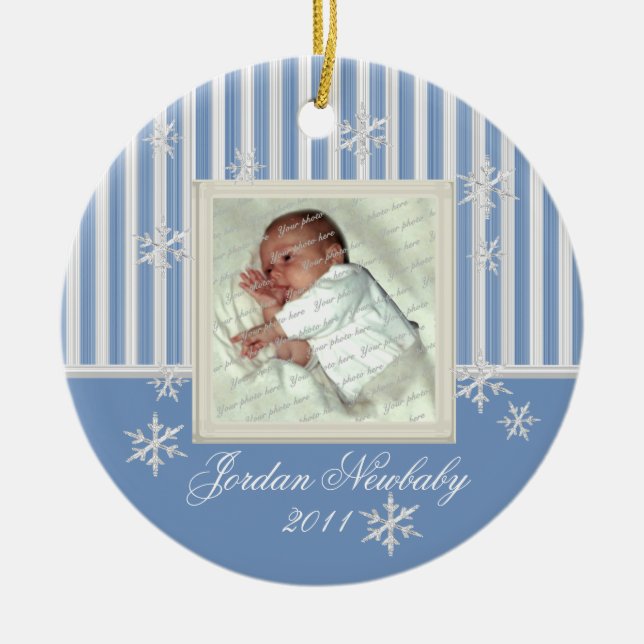 Första julen i Snöflingor Blue Julgransprydnad Keramik (Framsidan)