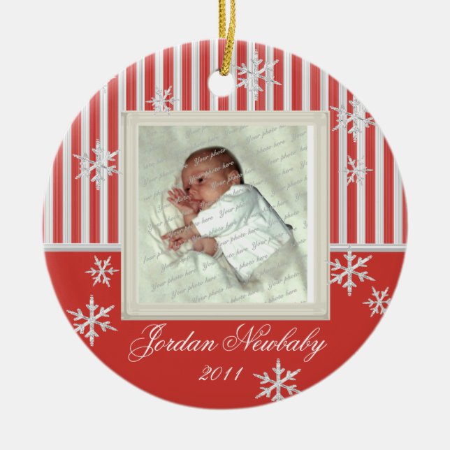 Första julen i Snöflingor Red Julgransprydnad Keramik (Framsidan)