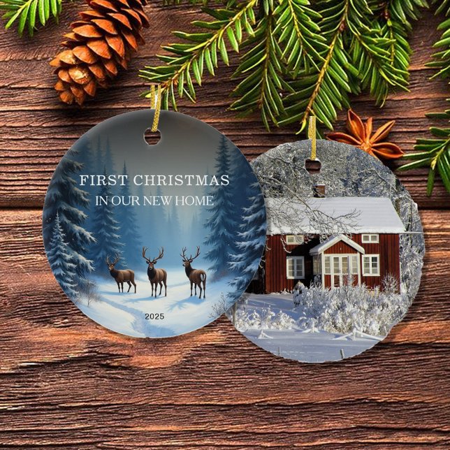 Första julen i vårt nya hemfoto julgransprydnad keramik (Create your own First Christmas in our new Home photo Ceramic Ornament.)