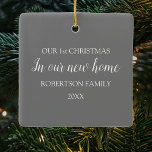 Första julen i vårt nya hemfoto julgransprydnad keramik<br><div class="desc">I elegant är julgran ett prydnadsföremål,  med ett foto av huset och på baksidan texten " VÅR FÖRSTA CHRISTMAS I VÅRT NYA HEMMA" med år och familj namn.</div>