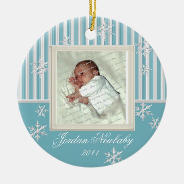 Första julen, ljusblå Snöflingor Julgransprydnad Keramik (Framsidan)