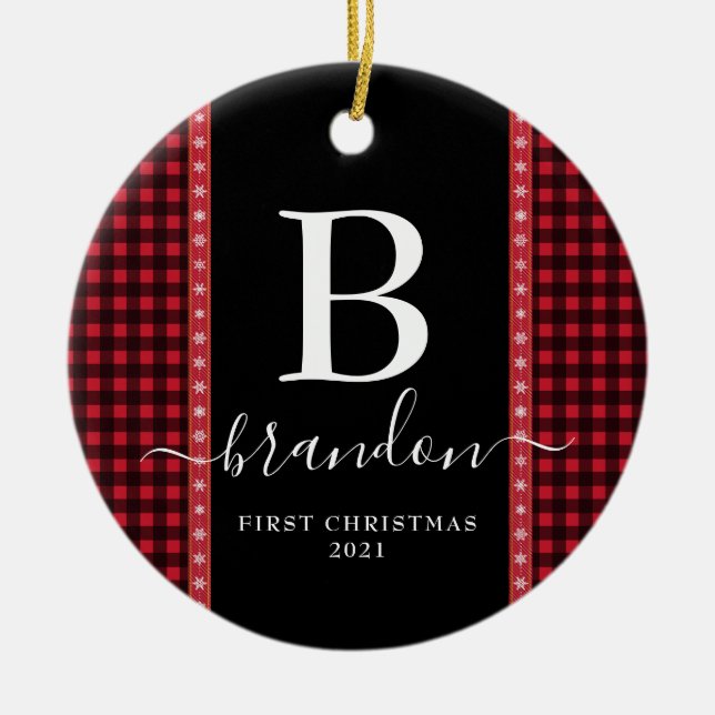 Första julen Monogram Babynamn Buffalo Rutig  Julgransprydnad Keramik (Framsidan)