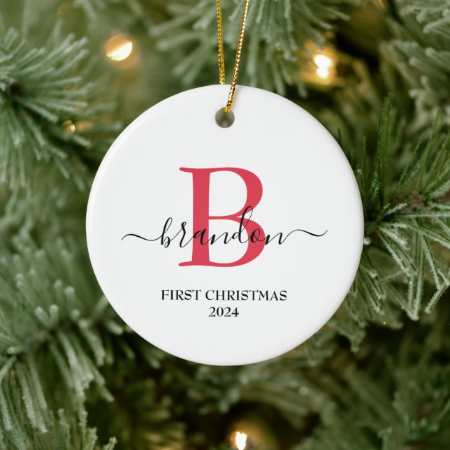 Första julen Monogram Babynamn Xmas Anpassad Julgransprydnad Keramik (Träd)
