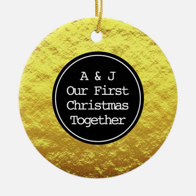 Första julen, Monogram Initialer Faux Golden Foil Julgransprydnad Keramik (Framsidan)