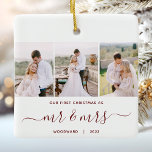 Första julen Mr. och Mrs. 3 Photo Red Script Julgransprydnad Keramik<br><div class="desc">Minneshögtidlighålla er första jul som nygifta med denna vackra moderna keepéprydnad. Den brinnande röda texten lyder "Vår första jul som, " med ord "mr & Mrs" i handskriftsskript med elegant före och efter. Ersätt de tre exemplen bilder med dina favoritfoton och lägg till efternamn och lodrät.</div>