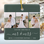 Första julen Mr. och Mrs. 3 Photo Script Grönt Julgransprydnad Keramik<br><div class="desc">Minneshögtidlighålla er första jul som nygifta med denna vackra moderna keepéprydnad. Den vita texten lyder "Vår första jul som, " med ord "mr & Mrs" i handskript för elegant med blomning före och efter. Byt ut de tre exemplen bilder mot dina favoritfoton och lägg till efternamn och årtalet i vitt...</div>
