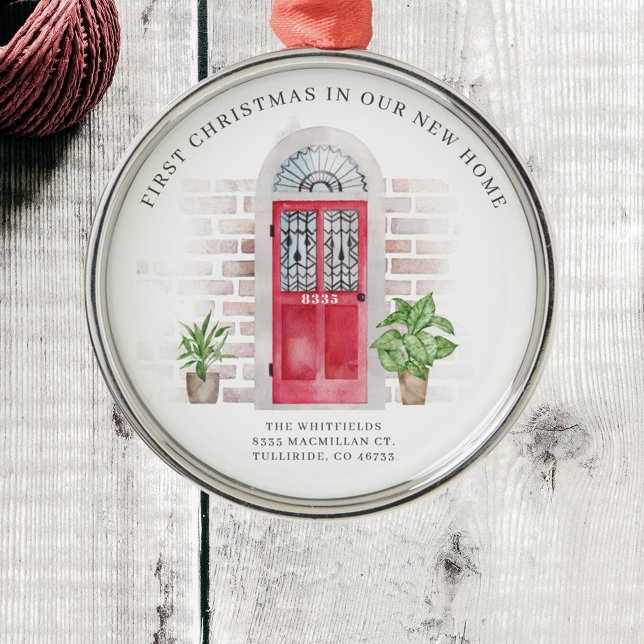 Första julen - nya hemmabruk - Chic Boho Julgransprydnad Metall (First Christmas New Home Red Door Metal Ornament)