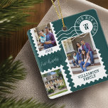 Första julen - nya hemmafoto Roligt Postage Frimär Julgransprydnad Keramik<br><div class="desc">Roligten och den minnesvärda "Första julen i vårt nya hem" förblir ornament. Utformningen har vår roligt för fotosamlingskonstruktion i frimärke. Samla med 3 foton för att visning dina speciella foton av din familj och ditt nya hem. Anpassade med familjetext namnteckning, år, adress och monogram. Detta prydnadsföremål skulle ge en underbar...</div>