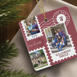 Första julen - nya hemmafoto Roligt Postage Frimär Julgransprydnad Keramik<br><div class="desc">Roligten och den minnesvärda "Första julen i vårt nya hem" förblir ornament. Utformningen har vår roligt för fotosamlingskonstruktion i frimärke. Samla med 3 foton för att visning dina speciella foton av din familj och ditt nya hem. Anpassade med familjetext namnteckning, år, adress och monogram. Detta prydnadsföremål skulle ge en underbar...</div>