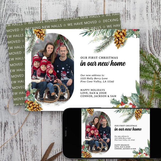 Första julen - nytt hem - Lozenge Photo Holly Gräs (First Christmas New Home Photo Holiday Card from Rounded Lozenge Photo Collage collection)