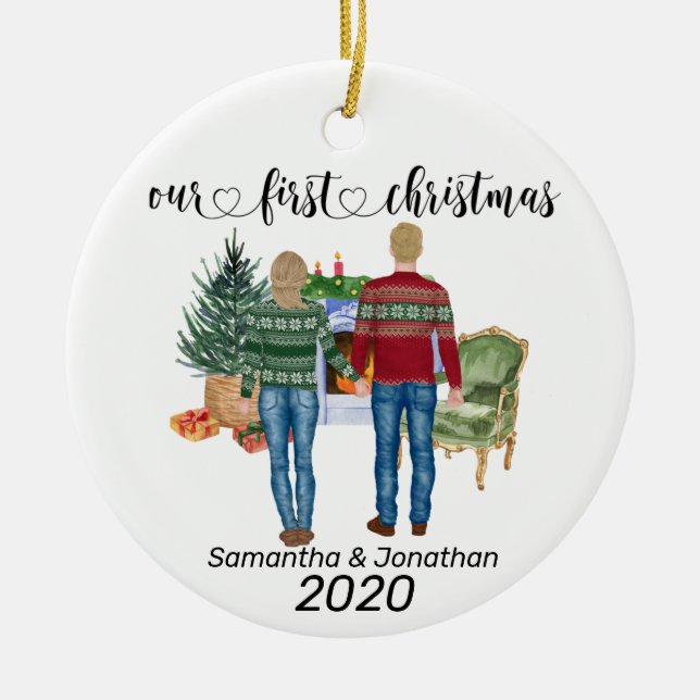 Första julen par blont hår nygifta julgransprydnad keramik (Framsidan)