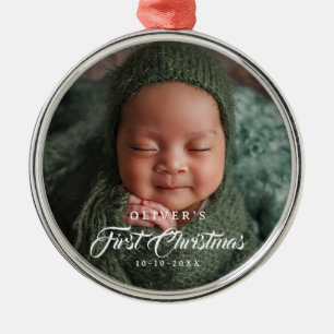 Första julen redigerbar färg nyfödd baby foto julgransprydnad metall