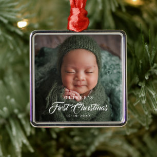 Första julen redigerbar färg nyfödd baby foto julgransprydnad metall