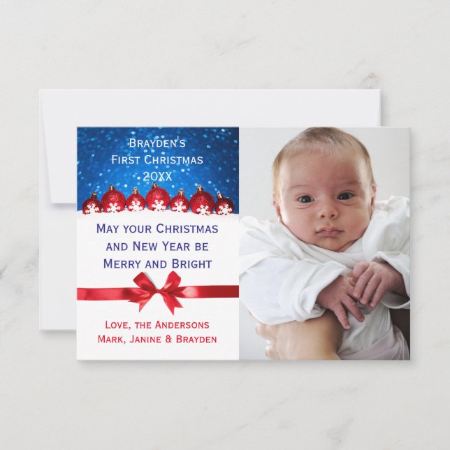 Första julen röda prydnader - 3x5 jullkort inbjudningar (Framsida)