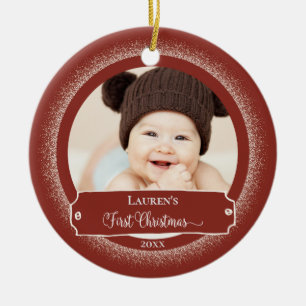 Första julen, Rustic Red Cute Baby Photo Julgransprydnad Keramik