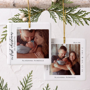 Första julen som föräldrar Baby Foto Födelse Stati Julgransprydnad Keramik