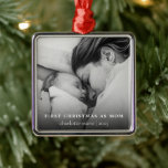 Första julen som fotfoto för Eleganten Mamma Julgransprydnad Metall<br><div class="desc">En personlig fotojulprydnad kommer att vara perfektens sätt att fånga hennes första julklappar som en ny mamma. Det här namnet kan anpassas med ett foto och valfri text.</div>