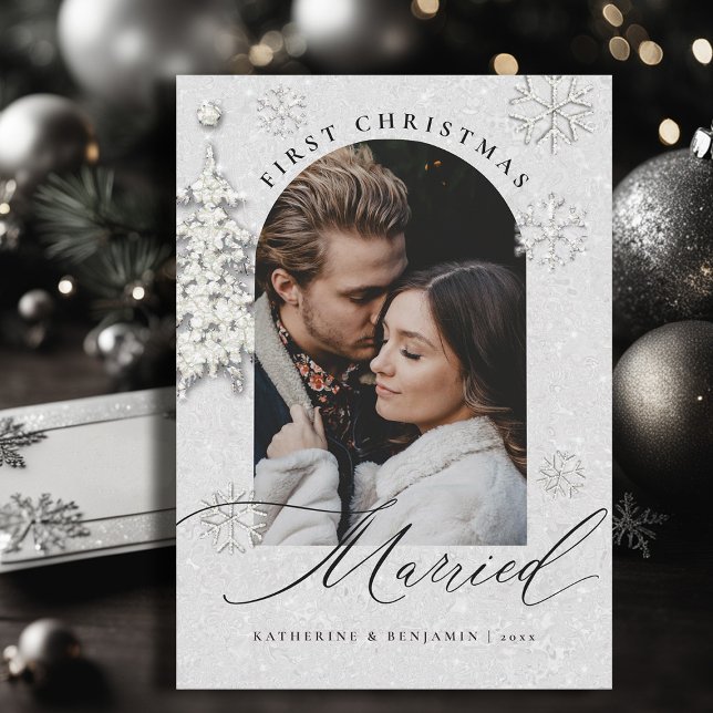 Första julen som gifta Glitter Boho Båge Foto (christmas card first married couple black white glitter sparkle boho arch modern minimalist)