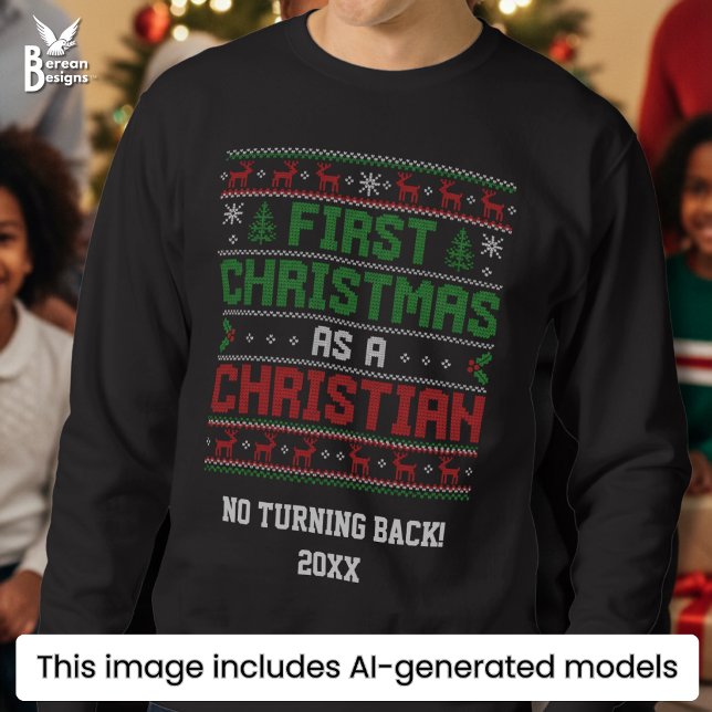 FÖRSTA JULEN SOM KRISTEN Fuljul Lång Ärmad Tröja (Fun FIRST CHRISTMAS AS A CHRISTIAN sweatshirt in Nordic-inspired knitwear style. Ideal ugly jumper.)