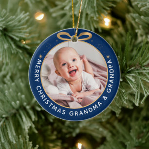 Första julen som morföräldrar Blå Guld Foto Julgransprydnad Keramik