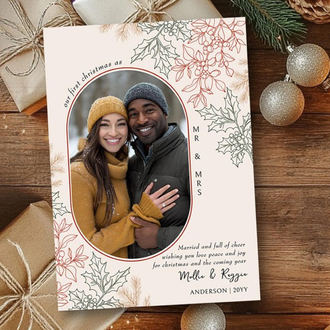 Första julen som Mr och Oval Photo (First Christmas as Mr & Mrs Christmas Photo Card by Darling & May)