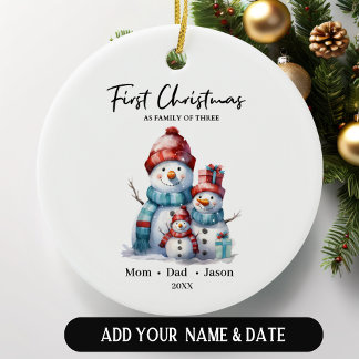 Första julen som tre Snögubbars familj Julgransprydnad Keramik
