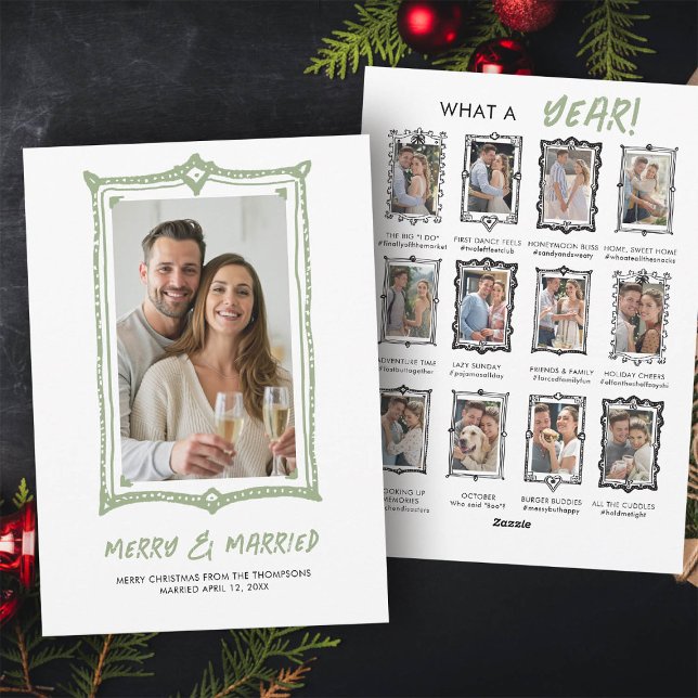 Första julen tillsammans Roligt bröllopsfirande an (casual wedding announcement hand drawn first year married christmas card newlywed year review)