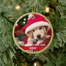 Första julen Valp Hund Minnessak Foto Ornament